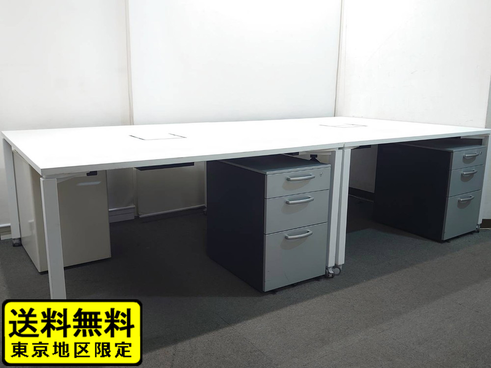 【送料無料 東京地区限定】 ４人用 コクヨ ワークフィット ワークデスク スタンダードテーブル W1400×D1400×H720 フリーアドレスデスク オフィスデスク ワークテーブル 両面タイプ キャスター脚 SDT-WF1414MAW ホワイト 国産【中古オフィス家具】【中古】