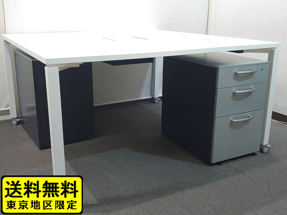 【送料無料 東京地区限定】 2人用 コクヨ ワークフィット ワークデスク スタンダードテーブル W1400×D1400×H720 フリーアドレスデスク オフィスデスク ワークテーブル 両面タイプ キャスター脚 SDT-WF1414MAW ホワイト 国産【中古オフィス家具】【中古】