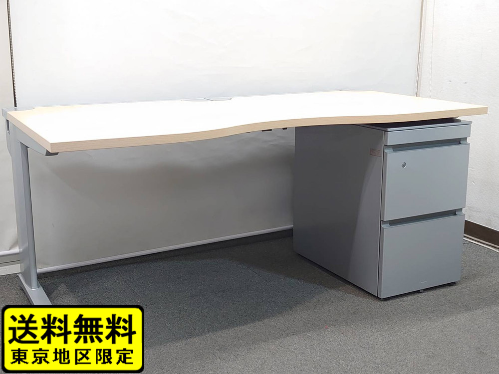 【送料無料 東京地区限定】コクヨ デスク ワゴン付き オフィスデスク 事務デスク 事務机 ワークデスク 平机 片袖机 KOKUYO インサイドワゴン 3段ワゴン W1800×D700～800×H700 【中古オフィス家具】【中古】