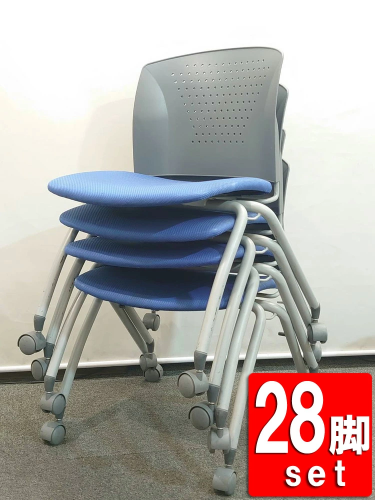 aico 会議チェア 28脚セット スタッキングチェア キャスター付き グレー×ブルー 幅570×奥行545×高さ765mm 【中古オフィス家具】【中古】