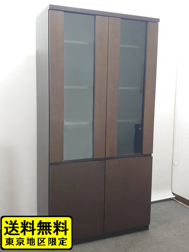 ガラス書庫 木製 木目ダークブラウン W900×D450×H1800 イトーキ X09 役員キャビネット 中古 リユース品