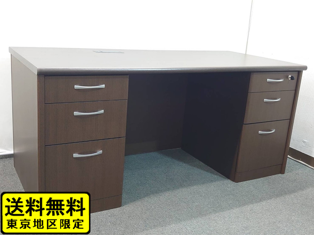 両袖机 木目ブラウン W1600×D750×H720 カギ付 マネージメントデスク リユース品 中古