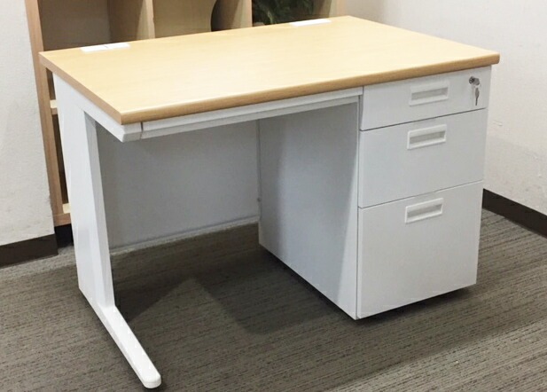 片袖机 オフィスデスク カギ付き コードホール付き W1200 木目ナチュラル リユース品