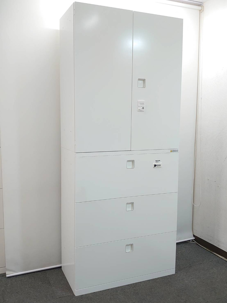 スチール書庫 ダイヤル錠付 両開きキャビネット ラテラルキャビネット オカムラ レクトライン 上下書庫 ホワイト