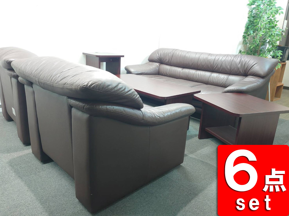 応接セット 6点 レザー アイコ 3人掛け＋1人掛け×2＋テーブル＋サイドテーブル＋電話台