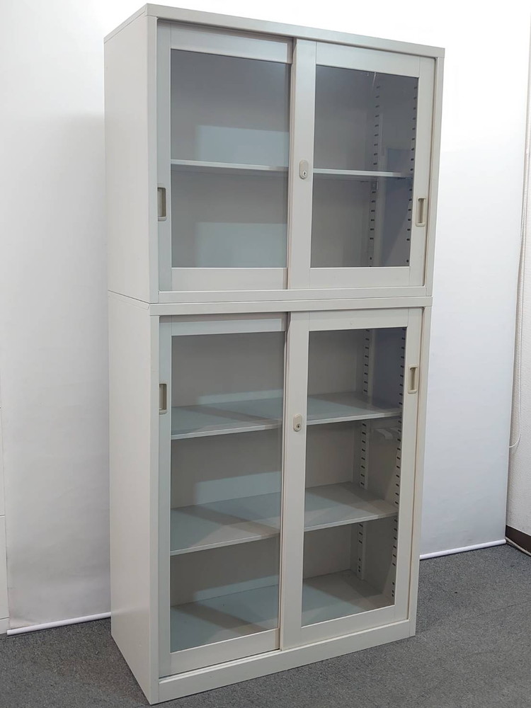 ガラス戸 引き違い書庫 上下書庫 ガラス引き違い 書庫 キャビネット カギ付き W880 D450 H1800 生興 中古