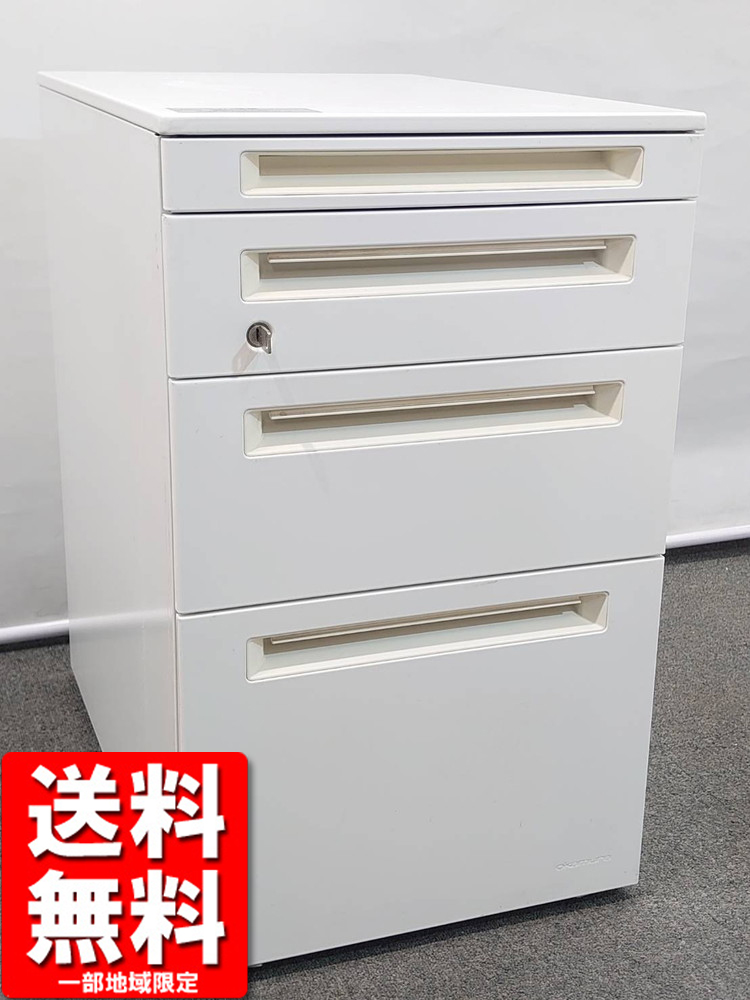 オカムラ プロユニット キャスターワゴン 4段 鍵付き ホワイト 中古