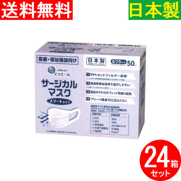 【送料無料】【補助金制度・助成金制度あり】エリエール サージカルマスク 1200枚入 不織布マスク 使い捨てマスク ふつうサイズ スマートタイプ 医療・福祉施設向け サージカルタイプ 日本製 国産 MADE IN JAPAN 高捕集性能 高通気素材 息がしやすい 99％カットフィルター