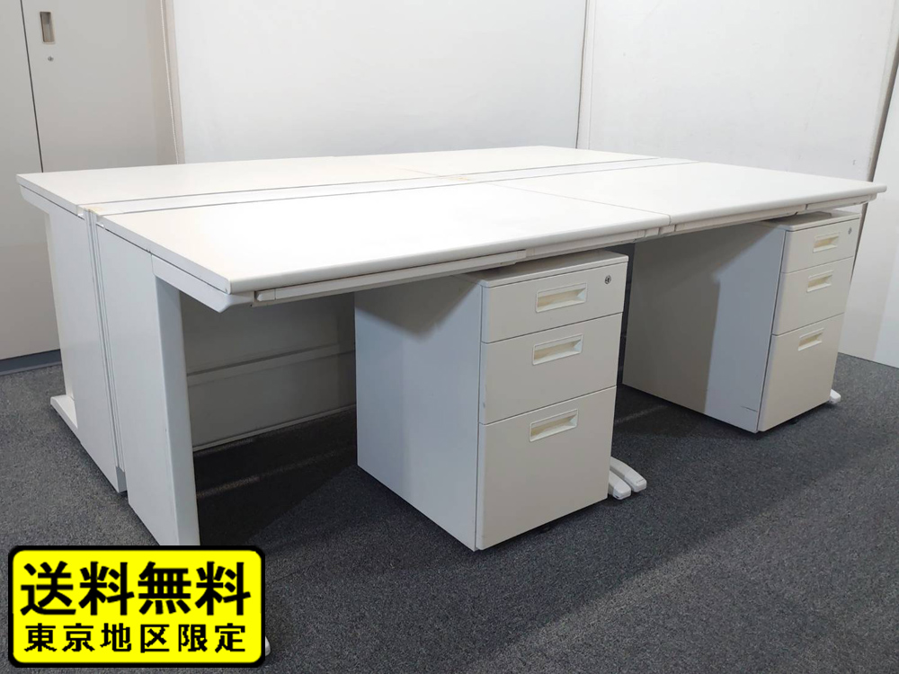 【送料無料 東京地区限定】 【美品】 ４人用 開業セット 平机 片袖机 スチールデスク オフィスデスク 事務デスク ワークデスク 事務机 平デスク 片袖デスク デスクセット ワゴン スチールワゴン サイドワゴン デスクワゴン 【中古オフィス家具】【中古】