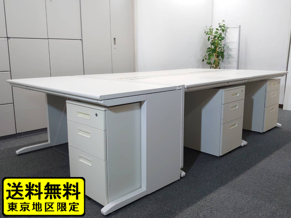 【送料無料 東京地区限定】 【美品】 ５人用 開業セット 平机 片袖机 スチールデスク オフィスデスク 事務デスク ワークデスク 事務机 平デスク 片袖デスク デスクセット ホワイト色 ワゴン スチールワゴン サイドワゴン デスクワゴン 【中古オフィス家具】【中古】