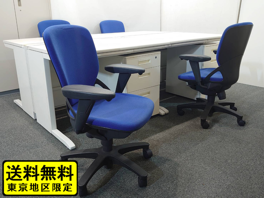 【送料無料 東京地区限定】 【美品】 ４人用 開業セット 平机 片袖机 スチールデスク オフィスデスク 事務デスク ワークデスク 事務机 平デスク 片袖デスク デスクセット ホワイト色 ワゴン スチールワゴン オフィスチェア プレーゴ 【中古オフィス家具】【中古】