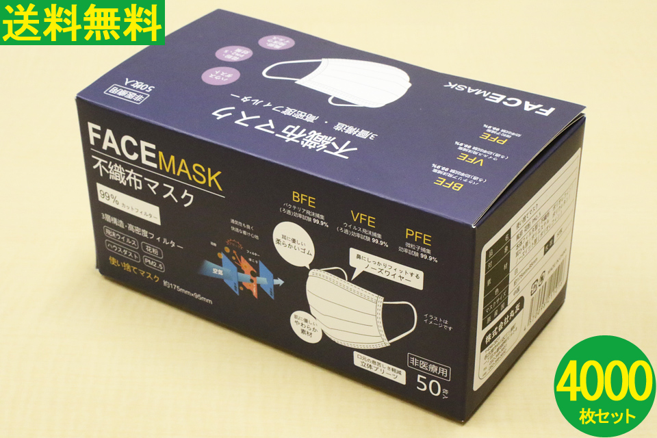 【補助金制度あり】マスク 4000枚 使い捨てマスク 不織布マスク 花粉症マスク ウイルス対策マスク ウィルス対策マスク ３層構造 高密度フィルター 耳に優しいやわらかゴム 肌に優しいやわらか素材 口罩 MASK